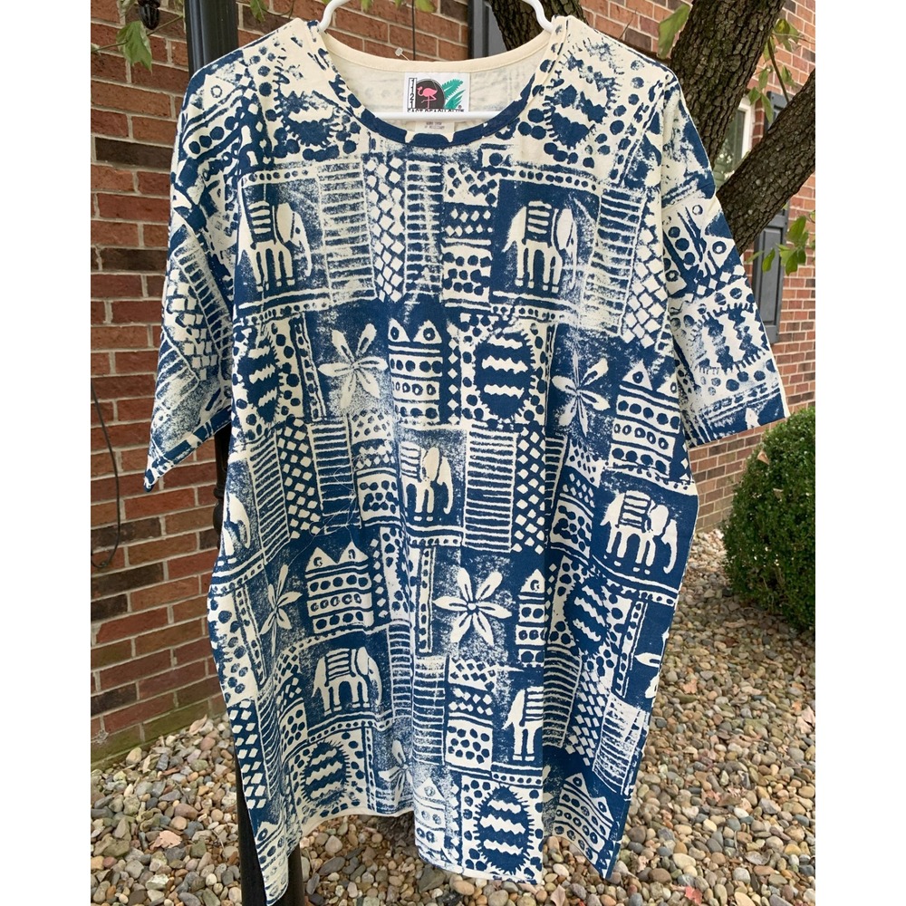 Vintage East Beach Club Elephant Print‎ Tunic Top One Size Best for Large Cotton